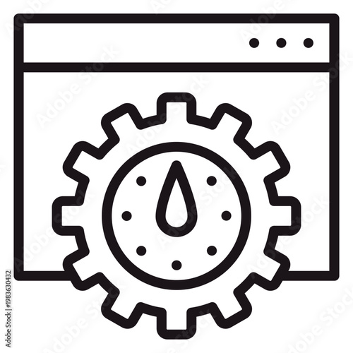 Website performance optimization vector icon featuring a browser window with a gear and speedometer symbol, representing technical SEO, page speed, and web development settings illustration
