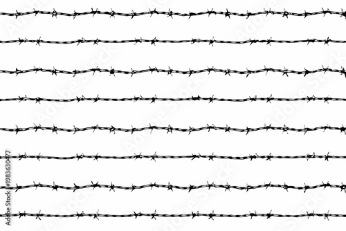 Parallel lines of black barbed wire against a stark white background