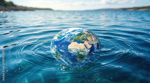 Close-up of water surface with reflections of the planet emphasizes purity, blue tones, and the connection between ocean health