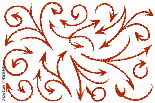Abstract pattern of swirling reddish orange arrows on a white background