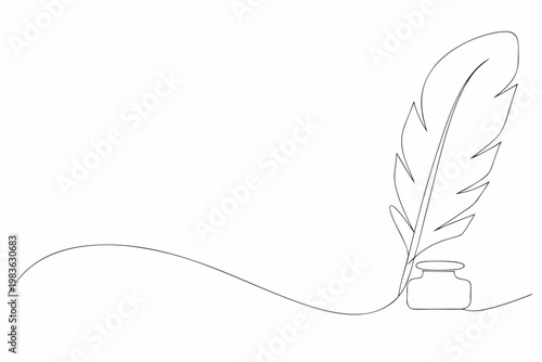 A delicate line drawing of a quill pen and inkwell arrangement