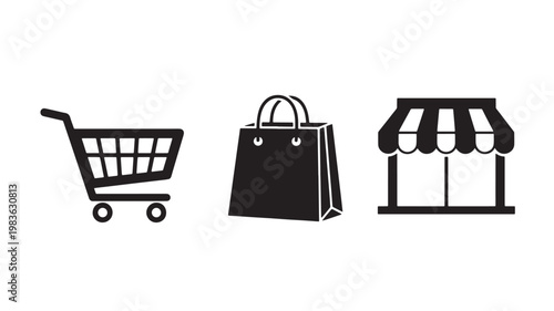 Vector Illustration Of Shopping Cart, Bag, And Storefront For E-Commerce And Retail Concept Isolated On Transparent Background