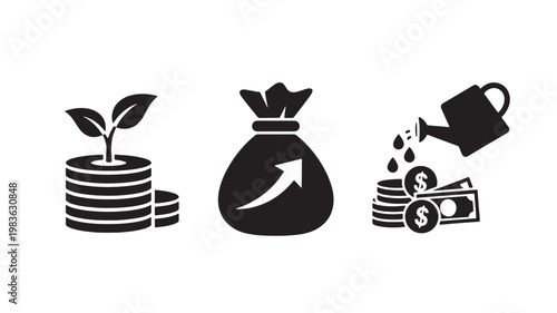 Vector Illustration Of Money Growth Concept With Coins, Bag, And Watering Can For Finance And Investment Isolated On Transparent Background