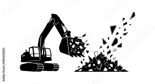 Excavator dropping debris from bucket.