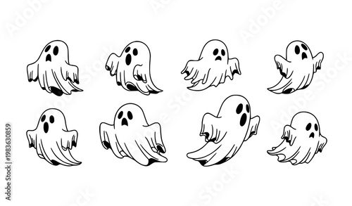 Minimal ghost icons spooky phantom silhouettes halloween black and white vector illustration isolated on white