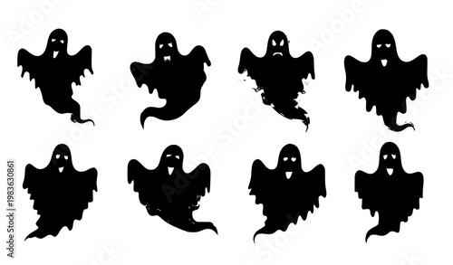 Realistic ghost silhouettes spooky flying phantoms horror black and white vector illustration set isolated on white