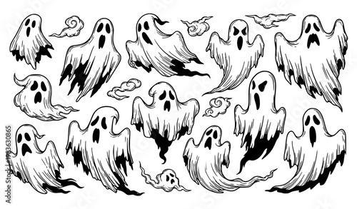 Creative ghost collection spooky flying phantoms horror halloween black and white vector illustration set isolated on white background