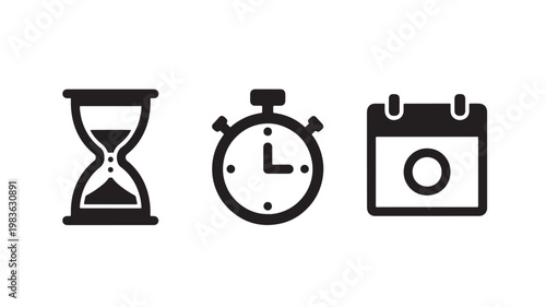 Vector Illustration Of Hourglass, Stopwatch, And Calendar Icons For Time Management And Organization Concept Isolated On Transparent Background