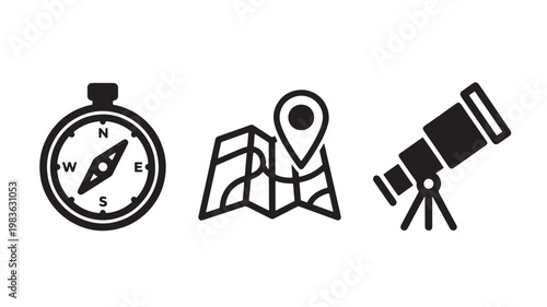 Vector Illustration Of Navigation Icons Including Compass, Map Pin, And Telescope For Travel And Exploration Concept Isolated On Transparent Background