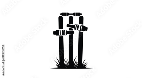 A striking black silhouette depicts a set of cricket stumps with bails surrounded by grass creating a minimalist scene silhouette high quality professional detailed
