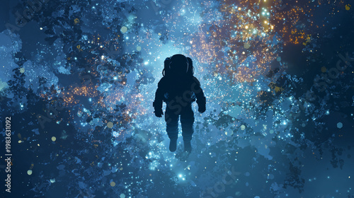 Lone astronaut adrift in a cosmic nebula of blue and gold light particles