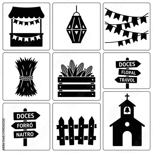 Festa Junina night icon set with bonfire lantern owl and church