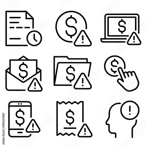 Financial warning symbol pack, alert icons on documents and money, technology risk graphics, banking security indicators, fraud prevention signs, digital finance elements