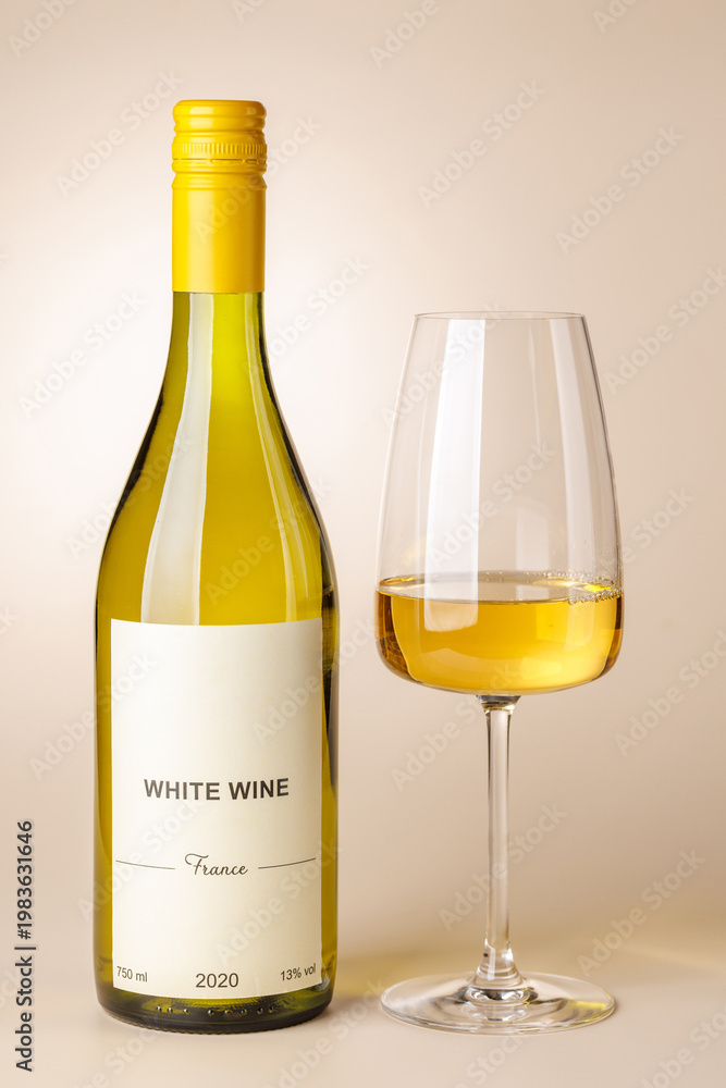 Fototapeta premium White wine bottle mockup with glass
