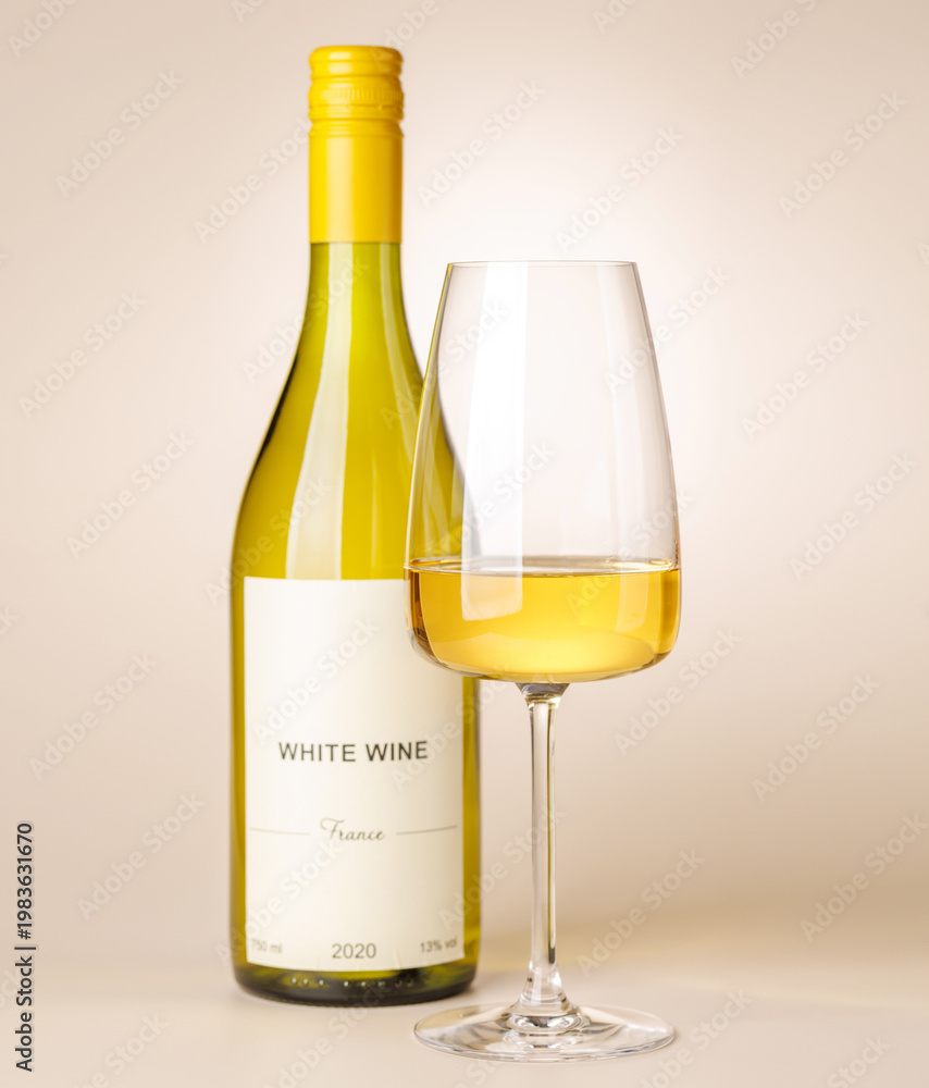 Fototapeta premium White wine bottle mockup with glass