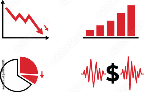 Financial data charts and economic market icons set in red and black.