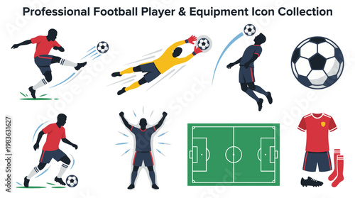Professional Football Soccer Player Equipment Icons Set - Athletes Boots Jersey Uniform Field Game Action Sports Vector Illustration Collection