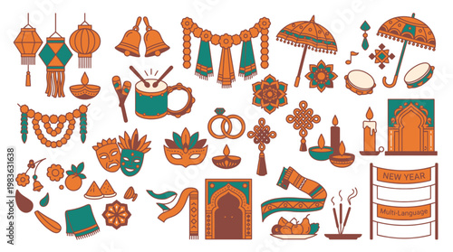
Diwali Festival Celebration Decorations Lights Lanterns Icons Colorful Illustration Icon Set