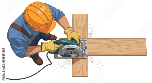 Man wearing safety gear using circular saw.