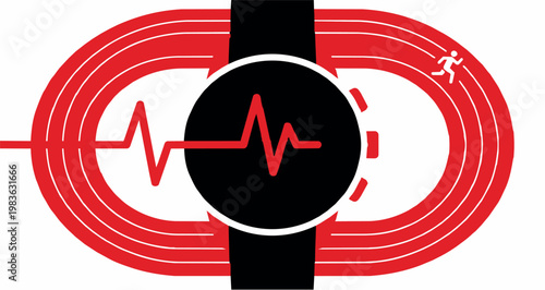 Vector illustration of a smartwatch centered on a red athletic running track with a heartbeat ECG line and a running figure icon. Modern flat design for health and fitness technology concepts.