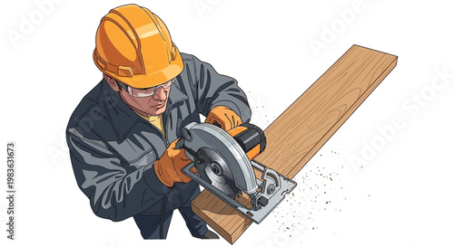 Man wearing safety gear using circular saw.