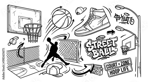 Street Basketball Urban Sports Culture Icons - Streetball Court Players Sneakers Street Game Hip Hop Recreation Vector Illustration Design