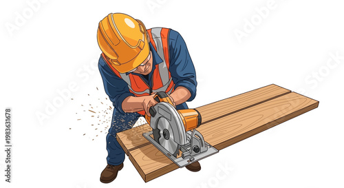 Man wearing safety gear using circular saw.