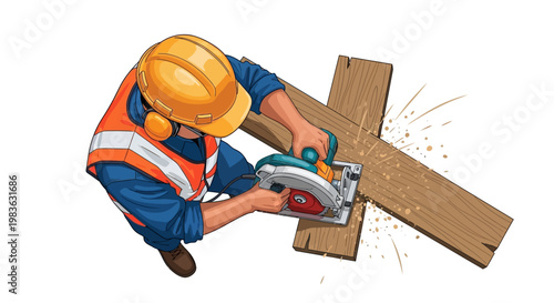 Man wearing safety gear using power saw.