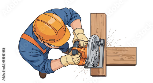 Man wearing hardhat using power saw.