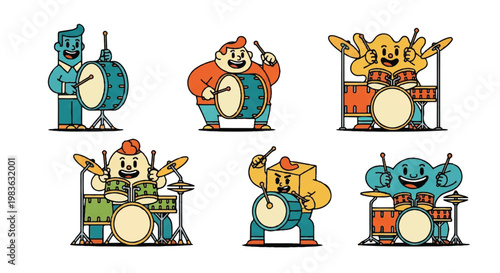 Cartoon drummers performing on various drum sets colorful illustration