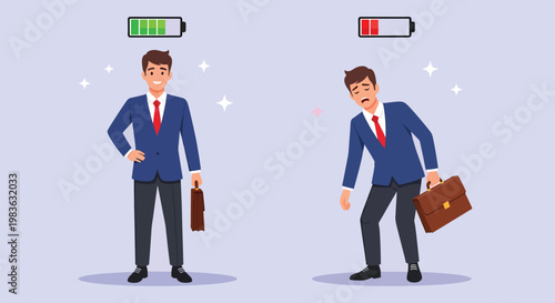 Businessman with high energy and low energy levels illustrating concepts of burnout and productivity.