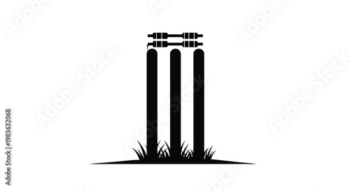 A stark black silhouette depicts traditional cricket wickets with bails set within a grassy field creating a minimalist scene silhouette high quality professional detailed