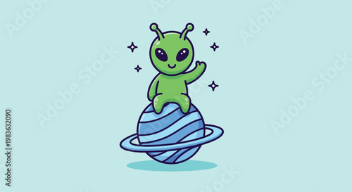 Cute Alien Sitting on Planet Waving Hand.