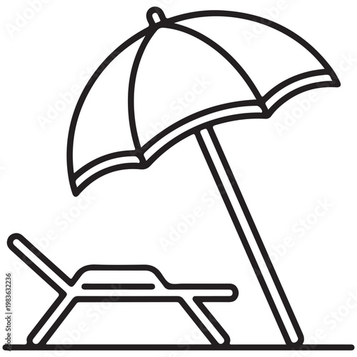 Minimalist beach umbrella and sun lounger vector icon for summer vacation and travel design