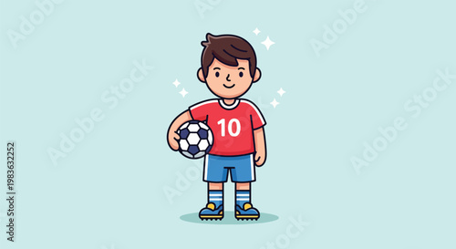 Cute Cartoon Boy Holding Soccer Ball.