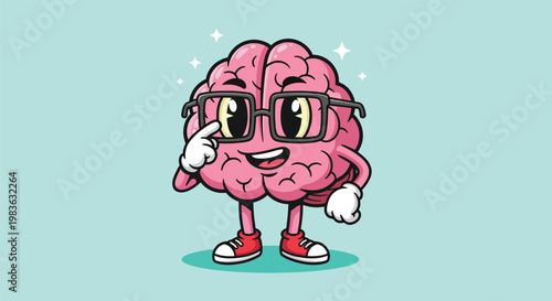 Cute cartoon brain character wearing glasses and smiling.