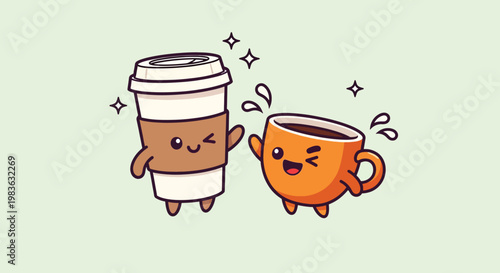 Cute cartoon coffee cup and disposable cup characters happily interacting.