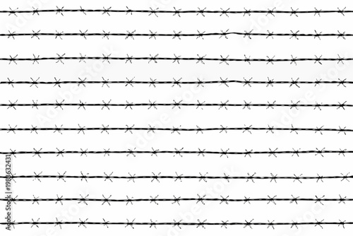 Rows of sharp black barbed wire against a stark white background