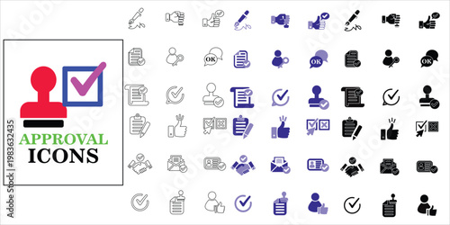 approval icons set. ok, okay, accept, endorsement, approved, rubber stamp, applause and more. simple complete vector