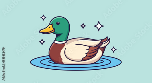 Cute Mallard Duck Floating on Water Illustration.