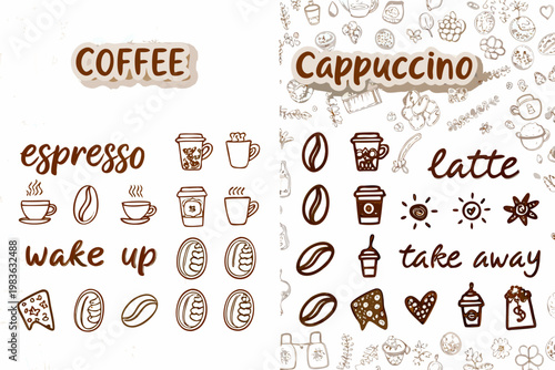 Coffee themed doodles and lettering with various beverage illustrations