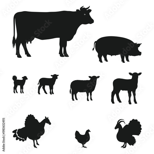 Farm livestock silhouette set with cow, pig, sheep, goat, lamb, calf, chicken and turkey, isolated on white