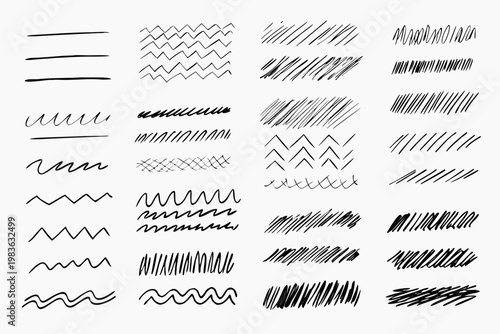 Collection of hand drawn scribble lines and textures on a white background