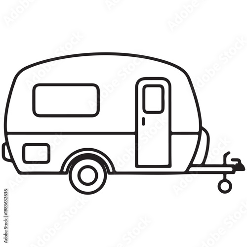 Minimalist camper trailer caravan line art vector illustration for travel and camping icon