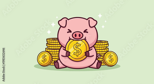Cute Piggy Bank Holding a Gold Coin with Stacks of Coins.