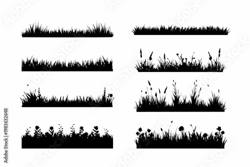 Black silhouettes of varying grass and wildflower borders or landscapes
