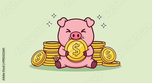 Cute Piggy Bank with Golden Coins Illustration.