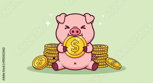 Cute Piggy Bank Holding Gold Coin Illustration.