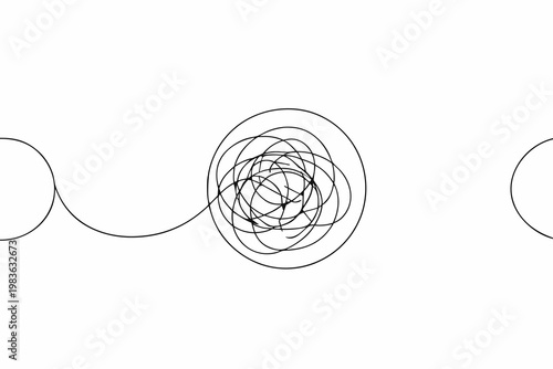 Abstract black line drawing featuring tangled and circular shapes on white