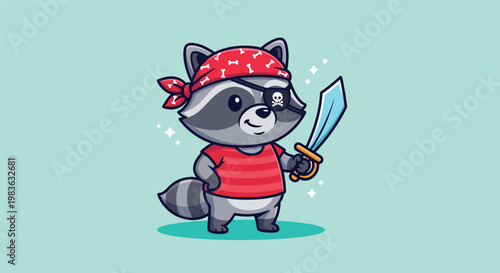 Cute Pirate Raccoon Holding a Sword Cartoon Illustration.